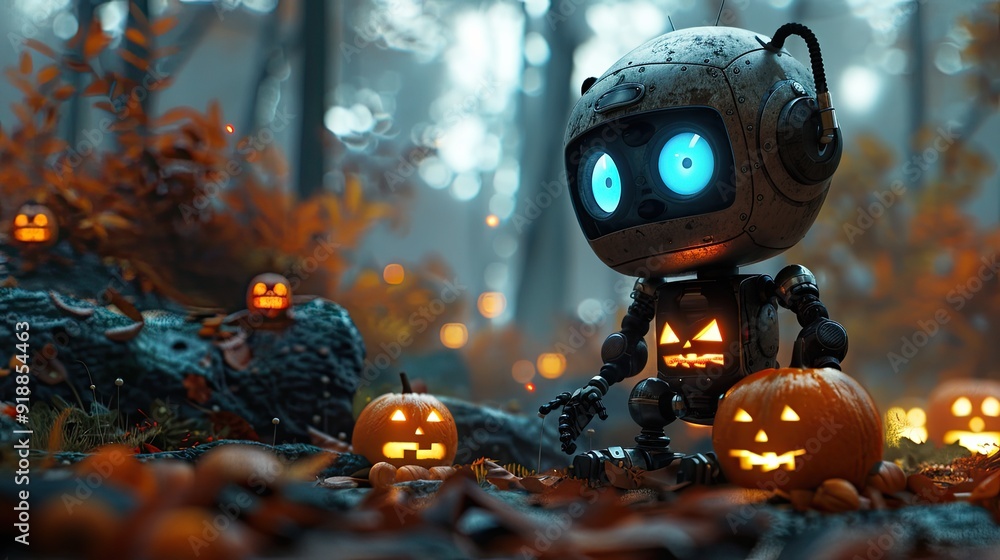 Cute robots and futuristic kids discovering a secret Halloween treasure in a digital wonderland. Cute robots and futuristic kids discovering a secret Halloween treasure in a digital wonderland.