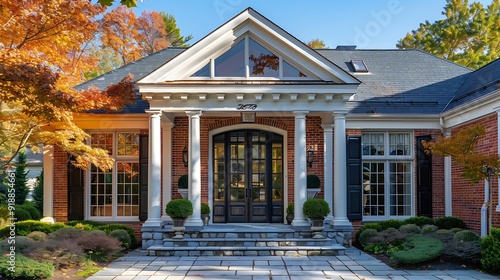 Traditional American residential style home with multipane glass door and gabled portico Brighton Massachusetts USA : Generative AI photo