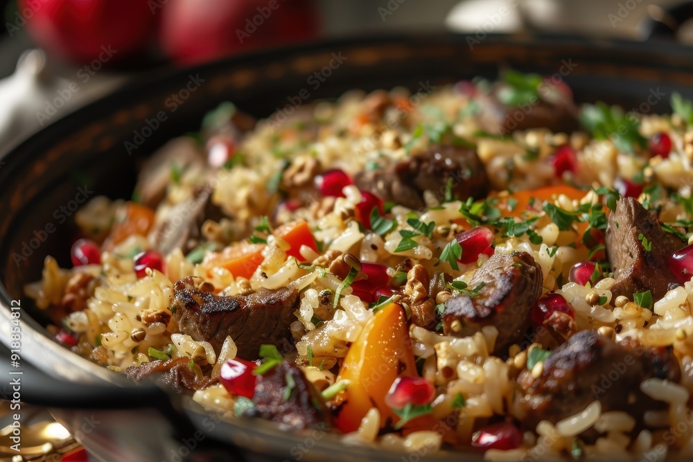 Cauldron of pilaf with rice meat pepper pomegranate and garlic Cauldron of pilaf with rice meat pepper pomegranate and garlic