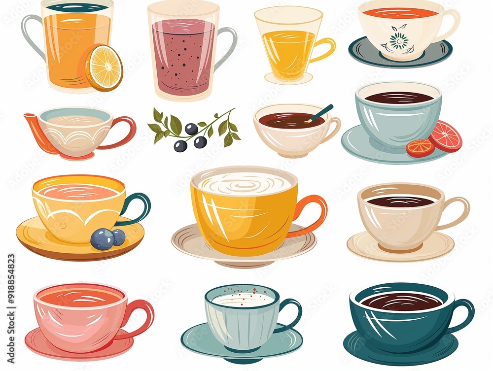 Set of various cup of tea simple illustration. AI generated Set of various cup of tea simple illustration. AI generated