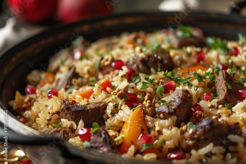 Cauldron of pilaf with rice meat pepper pomegranate and garlic