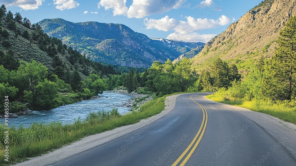 Fototapeta premium Winding Road Through Mountain Valley with River and Lush Vegetation