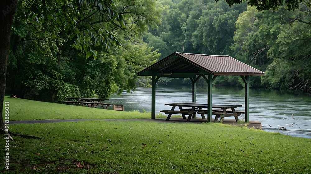 Picnic tables with a shelter and metal cover The park campsite is near a river with tree covered hills lush green grass and riverbanks There are empty benches and a fishing pier along : Generative AI Picnic tables with a shelter and metal cover The park campsite is near a river with tree covered hills lush green grass and riverbanks There are empty benches and a fishing pier along : Generative AI