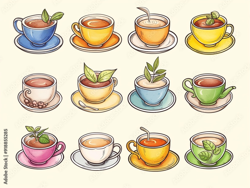 Set of various cup of tea simple illustration. AI generated Set of various cup of tea simple illustration. AI generated