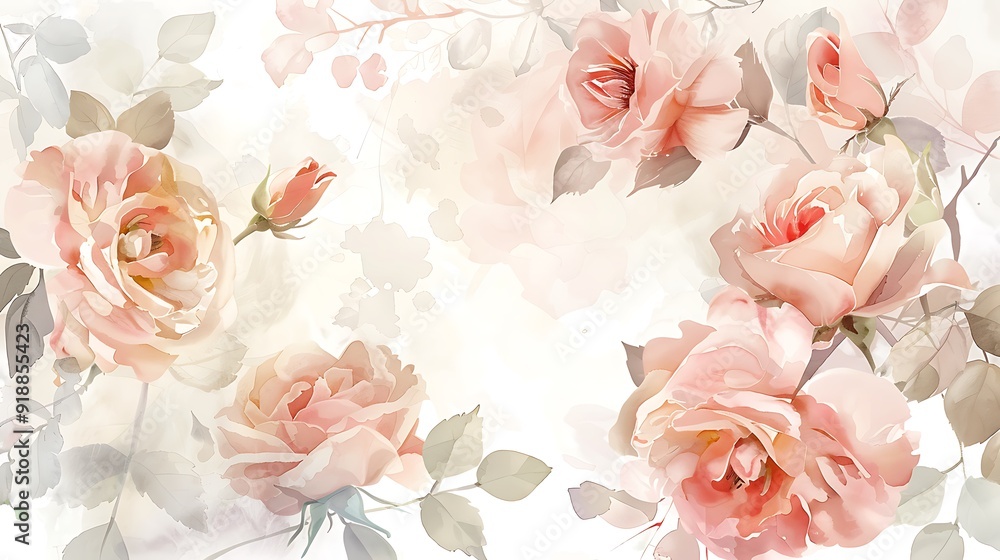 A delicate watercolor painting of blooming roses in soft shades of pink and peach, with light green leaves, set against a white background. 8k UHD, suitable for high-quality printing or digital A delicate watercolor painting of blooming roses in soft shades of pink and peach, with light green leaves, set against a white background. 8k UHD, suitable for high-quality printing or digital