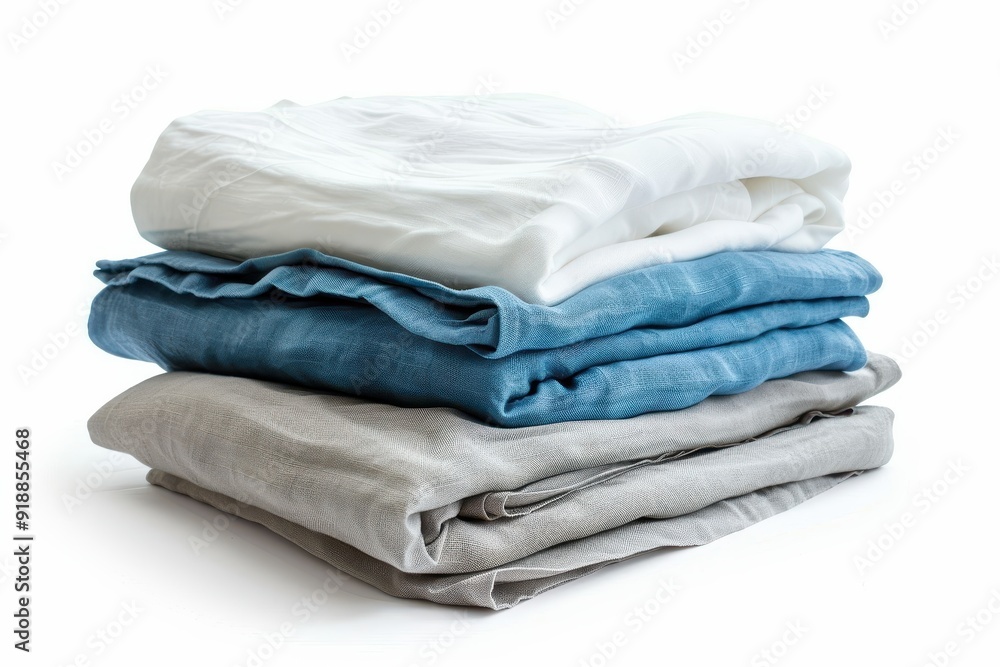Clean bed linens stacked on white background Clean bed linens stacked on white background