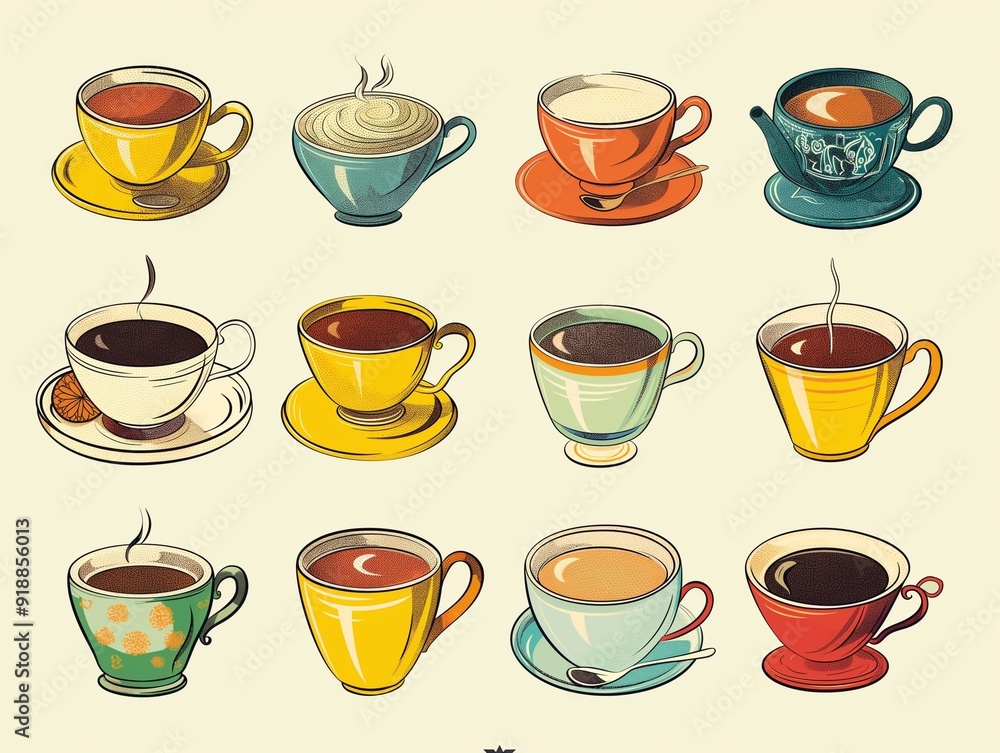 Set of various cup of tea simple illustration. AI generated Set of various cup of tea simple illustration. AI generated