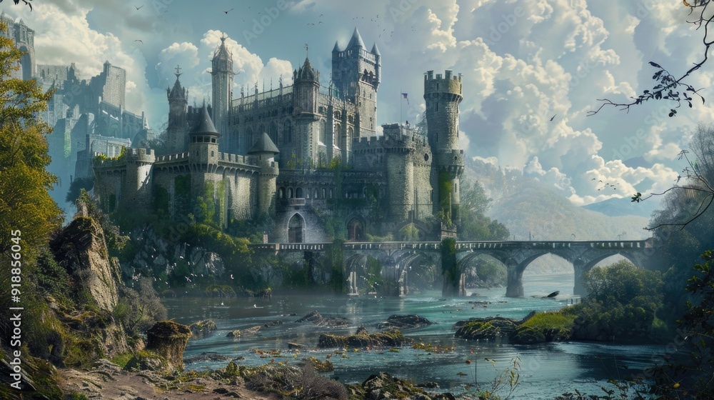 Fototapeta premium A large castle sits atop a lush green hillside, perfect for historical or fantasy scenes