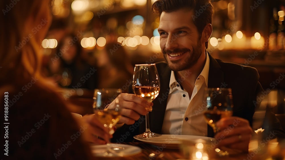 happy man in evening attire holding glass of wine and having dinner with woman in restaurant : Generative AI happy man in evening attire holding glass of wine and having dinner with woman in restaurant : Generative AI