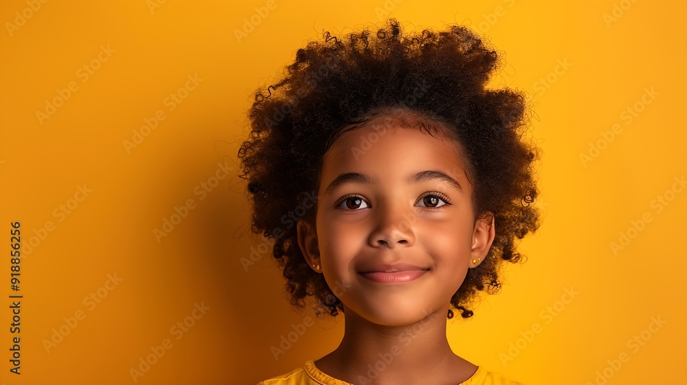 Pensive smiling African American girl isolated on yellow studio background look at copy space aside Happy biracial teen child consider good sale deal or promotion offer Advertising con : Generative AI Pensive smiling African American girl isolated on yellow studio background look at copy space aside Happy biracial teen child consider good sale deal or promotion offer Advertising con : Generative AI