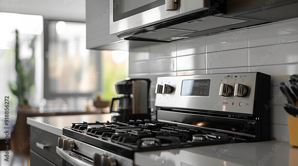Rangehood over stove with microwave in modern kitchen with coffeemaker on countertop at contemporary apartment : Generative AI Rangehood over stove with microwave in modern kitchen with coffeemaker on countertop at contemporary apartment : Generative AI