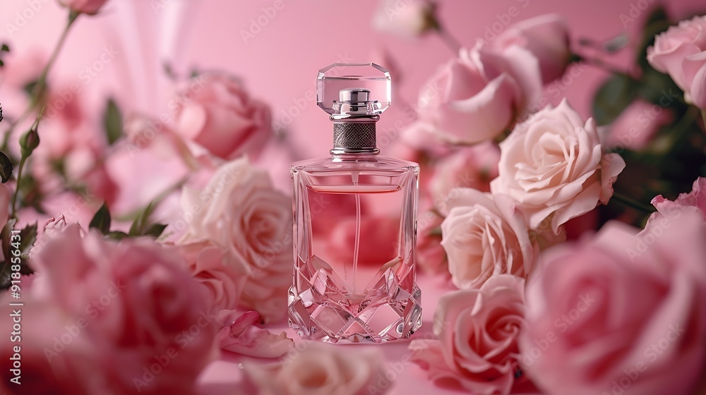 Front view of a transparent perfume bottle with a luxurious design surrounded by fresh roses on a pink background Mockups for advertising : Generative AI Front view of a transparent perfume bottle with a luxurious design surrounded by fresh roses on a pink background Mockups for advertising : Generative AI