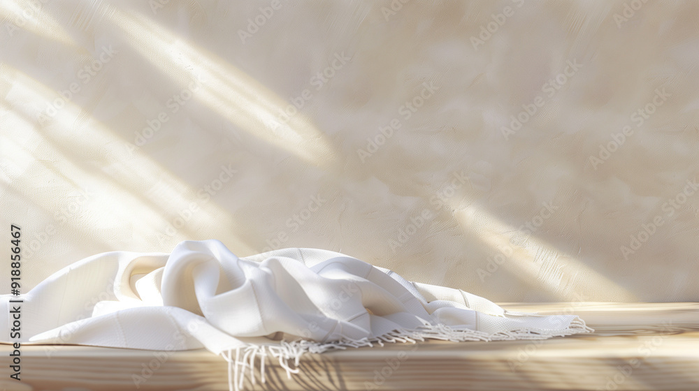 A white fabric drapes over a wooden surface, illuminated by soft natural light, creating a serene and inviting atmosphere, Yom Kippur decoration, copy space A white fabric drapes over a wooden surface, illuminated by soft natural light, creating a serene and inviting atmosphere, Yom Kippur decoration, copy space