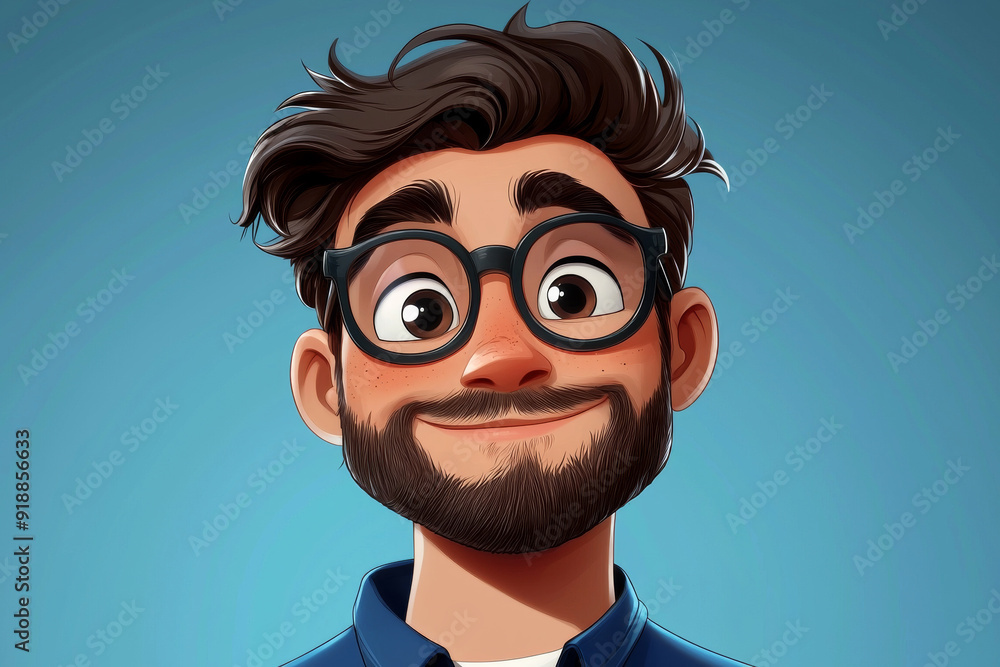 Happy smiling cartoon character man showing pointing finger standing confident on white background. Successful people male person concept Happy smiling cartoon character man showing pointing finger standing confident on white background. Successful people male person concept