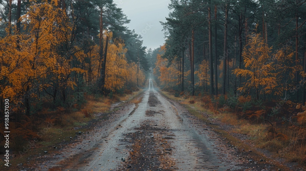Fototapeta premium A winding dirt road surrounded by trees and foliage