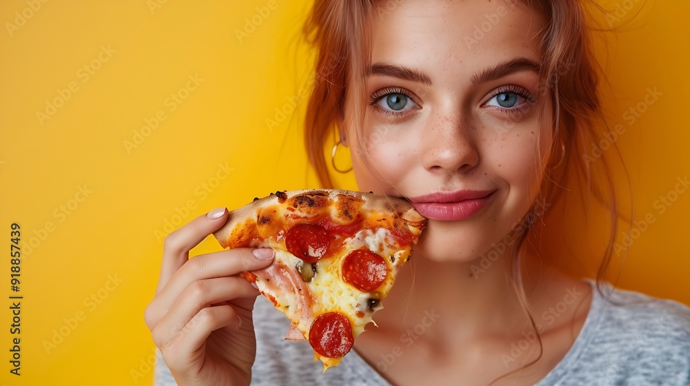 Woman holding slice of tasty pizza on yellow background : Generative AI Woman holding slice of tasty pizza on yellow background : Generative AI
