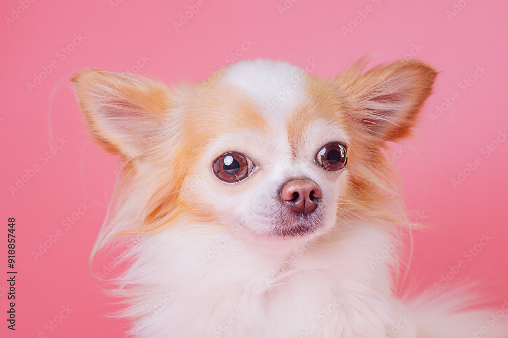 A white and red chihuahua dog on a pink background. A white and red chihuahua dog on a pink background.