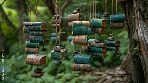 A collection of colorful books suspended from the branches of a tree, creating a whimsical and enchanting scene. photo