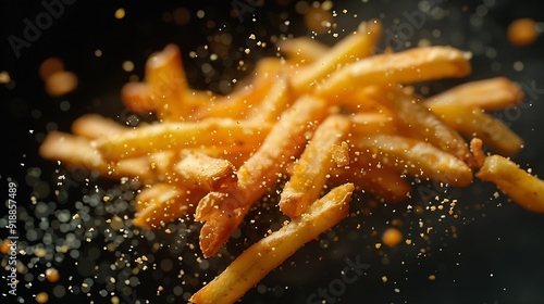 French fries fried potatoes flying Fly fastfood isolated on black background : Generative AI