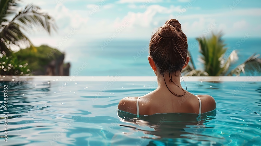 Happy woman in white swimsuit swimming in infinity pool at luxury hotel against ocean front young female enjoy in tropical resort Relaxing summer  travel holiday vacation and weekend c : Generative AI
