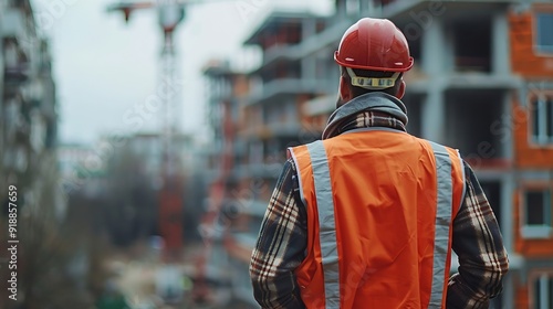 Construction site manager standing wearing safety vest and helmet thinking at construction site Young architect watching construction site with confidence : Generative AI