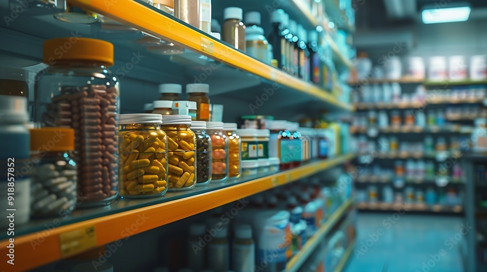 Fototapeta premium Empty drugstore chemists shop pharmacy without staff clients customers visitors with remedies pills medicines goods painkillers jars on shelves : Generative AI