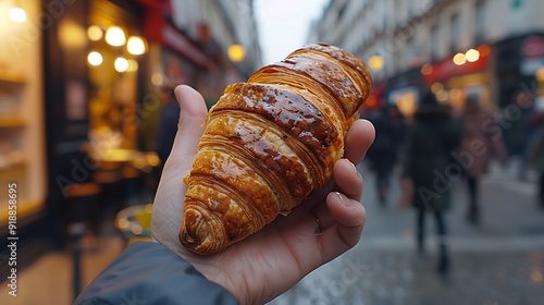 an hand holding a Pain au Chocolat in the streets of Paris  french patries : Generative AI photo