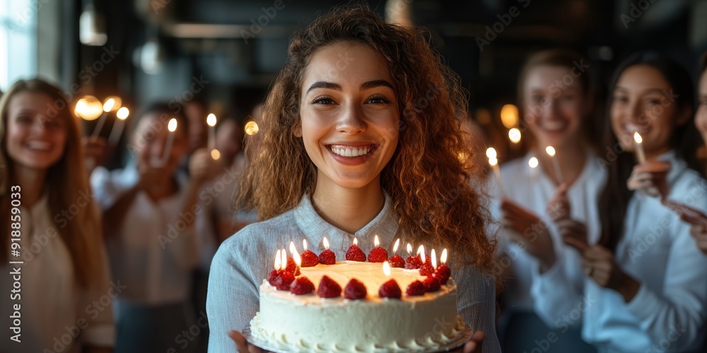 A smiling woman holding a birthday cake with lit candles, surrounded by friends who are celebrating with her in a warm, joyful atmosphere. A smiling woman holding a birthday cake with lit candles, surrounded by friends who are celebrating with her in a warm, joyful atmosphere.