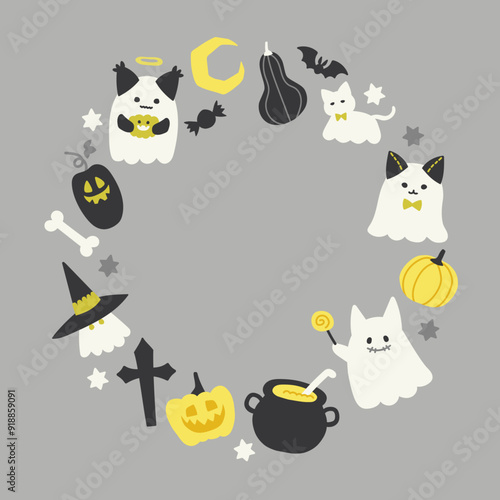 ゴーストキャットとハロウィン フレーム イラスト ( ベクター ハロウィン 秋 背景 挿絵 カード グレー コピースペース 余白 空白 )