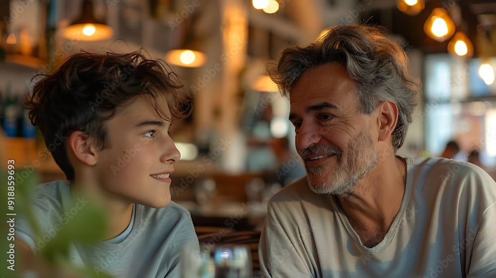 Handsome and happy father and his teenager son sitting in a restaurant and talking : Generative AI Handsome and happy father and his teenager son sitting in a restaurant and talking : Generative AI