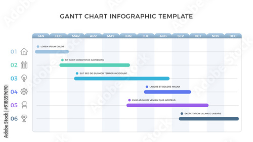Gantt chart - project timeline infographic template with 6 tasks, vector eps10 illustration