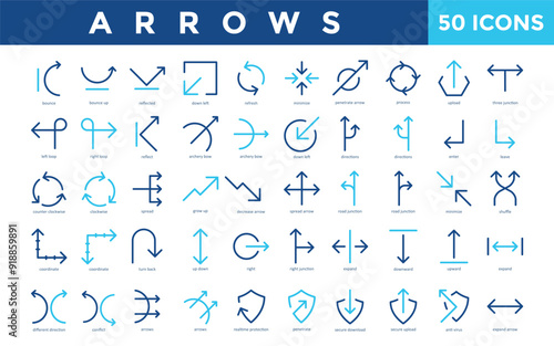 Arrows icon set with bounce, bounce up, reflected, down left, refresh, minimize, penetrate arrow, process, upload, three junction icon. Simple flat vector 
