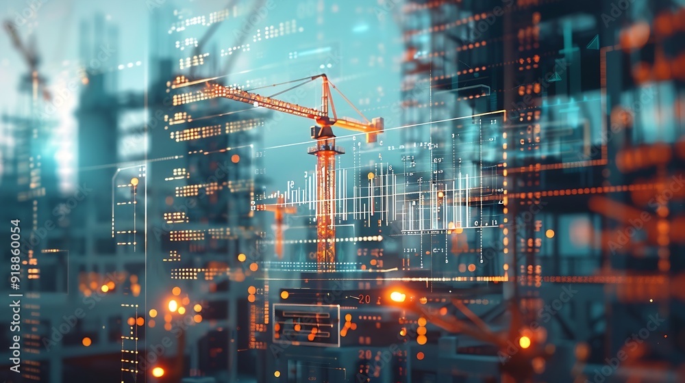 Fototapeta premium Image of financial data processing over crane and construction site global development business finance digital interface and data processing concept digitally generated image : Generative AI