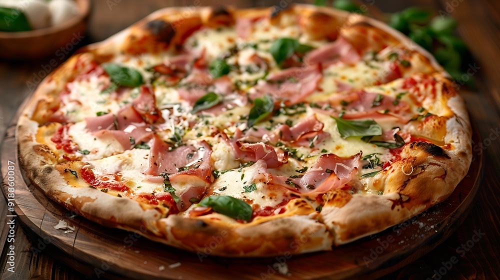 Pizza with cooked ham mozzarella cheese and vegetables on wooden table : Generative AI Pizza with cooked ham mozzarella cheese and vegetables on wooden table : Generative AI