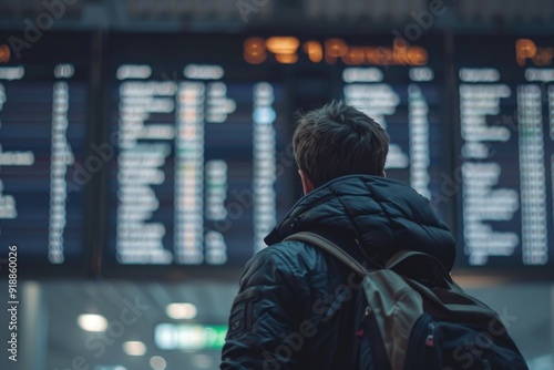 A person stands in front of an airport departure board displaying flight information