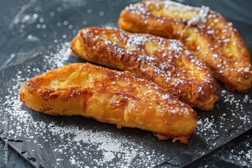Homemade Spanish Easter torrijas on stone backdrop