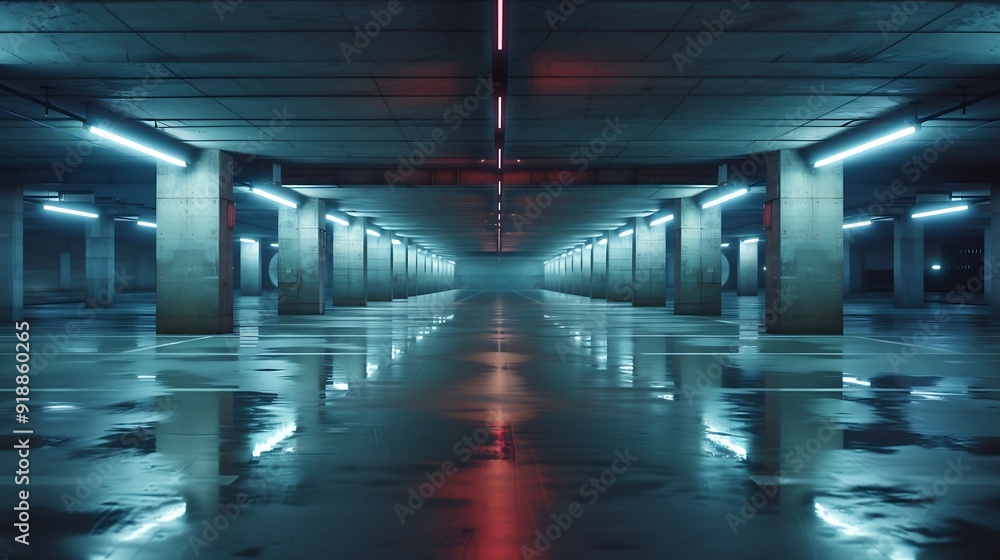 Sci fi looking dark and moody underground parking lot with fluorescent lights on Long hall : Generative AI Sci fi looking dark and moody underground parking lot with fluorescent lights on Long hall : Generative AI