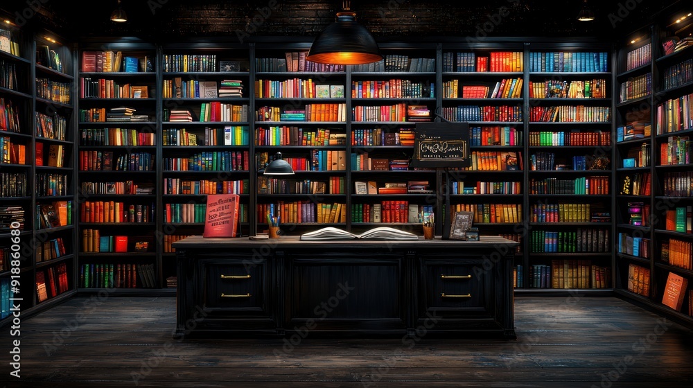A library with a desk in the middle of it. The desk has a sign that says A library with a desk in the middle of it. The desk has a sign that says
