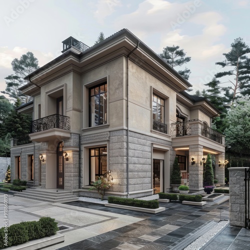 Modern stone mansion with a balcony and landscaped yard.