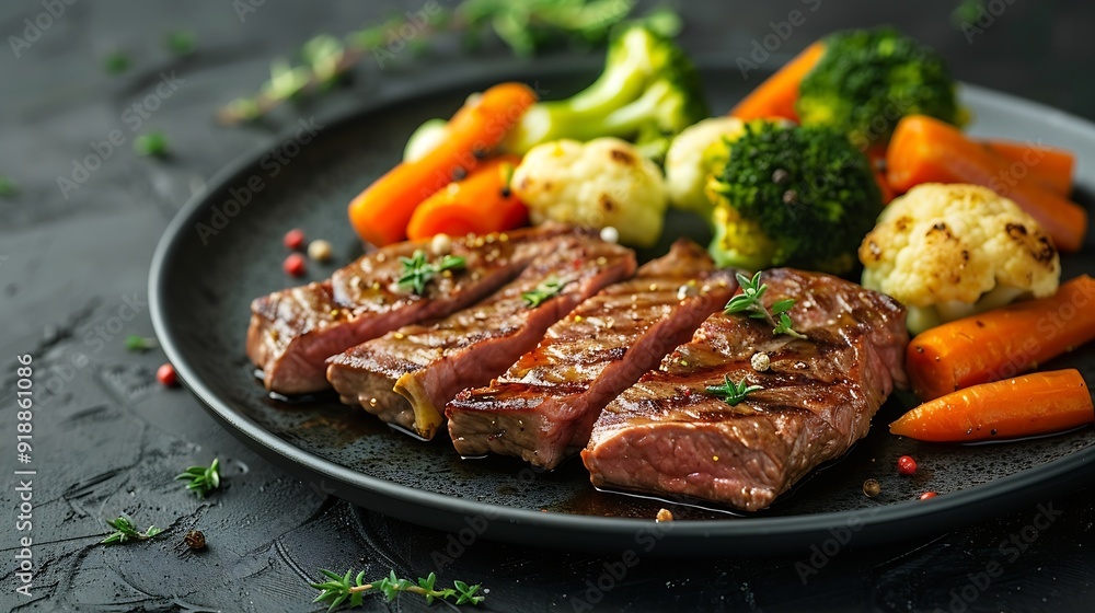 Delicious fresh beef and vegetables carrots broccoli cauliflower on a black plate on a dark concrete background : Generative AI Delicious fresh beef and vegetables carrots broccoli cauliflower on a black plate on a dark concrete background : Generative AI