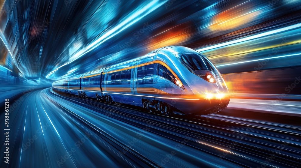 A train is speeding down a track with a bright blue color. The train is surrounded by a blurry background, giving the impression of motion and speed. Concept of excitement and energy A train is speeding down a track with a bright blue color. The train is surrounded by a blurry background, giving the impression of motion and speed. Concept of excitement and energy