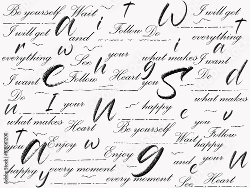 Seamless pattern with handwriting text. Calligraphy. Seamless pattern with word "passion". Ink illustration. Text background. Free hand style.