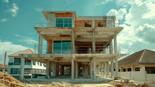 Under construction House or VillasVillas with Concreate Block or bricksExterior view of 02 story under construction house with modern design under construction Home or house : Generative AI