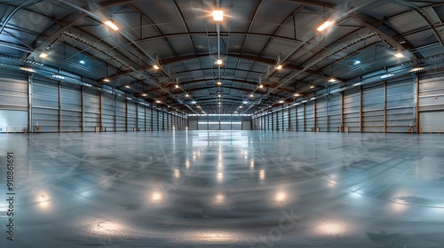 full seamless spherical hdri panorama 360 degrees in interior of large empty room as warehouse hangar or gallary with spotlights in equirectangular projection VR AR concept : Generative AI photo