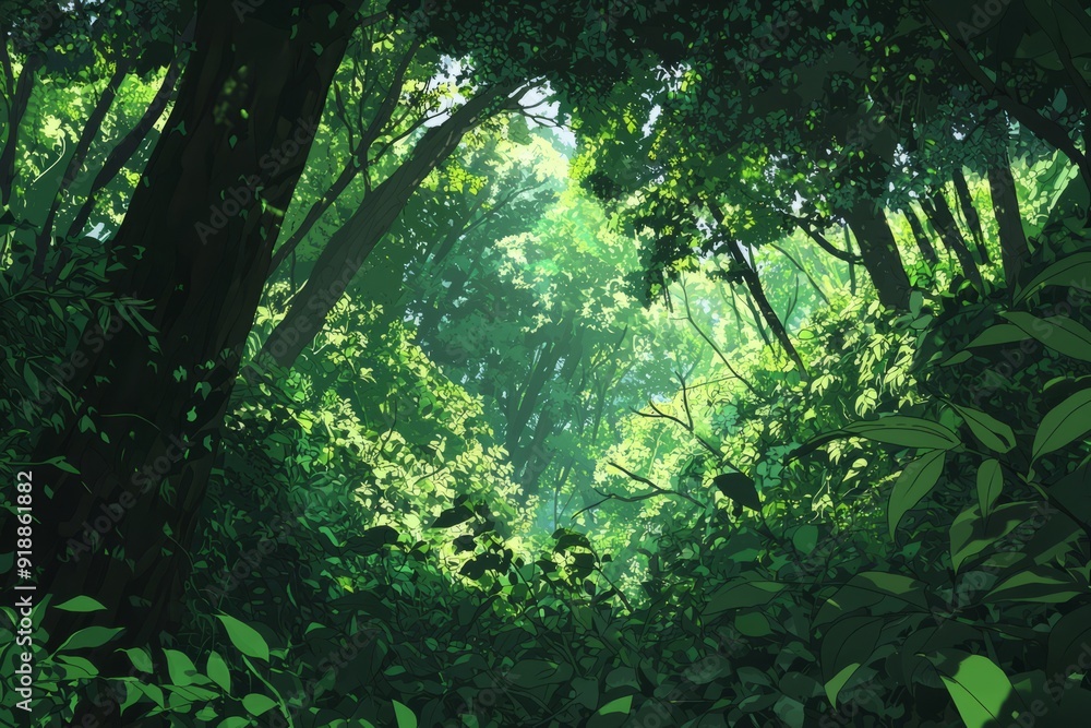 Fototapeta premium A peaceful rainforest canopy with layers of green leaves and distant birds. The atmosphere is inviting and cozy vibe, Generative AI