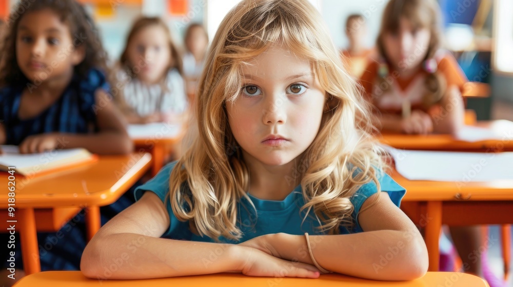 A young girl sits at her desk in an elementary school classroom, looking bored and tired A young girl sits at her desk in an elementary school classroom, looking bored and tired