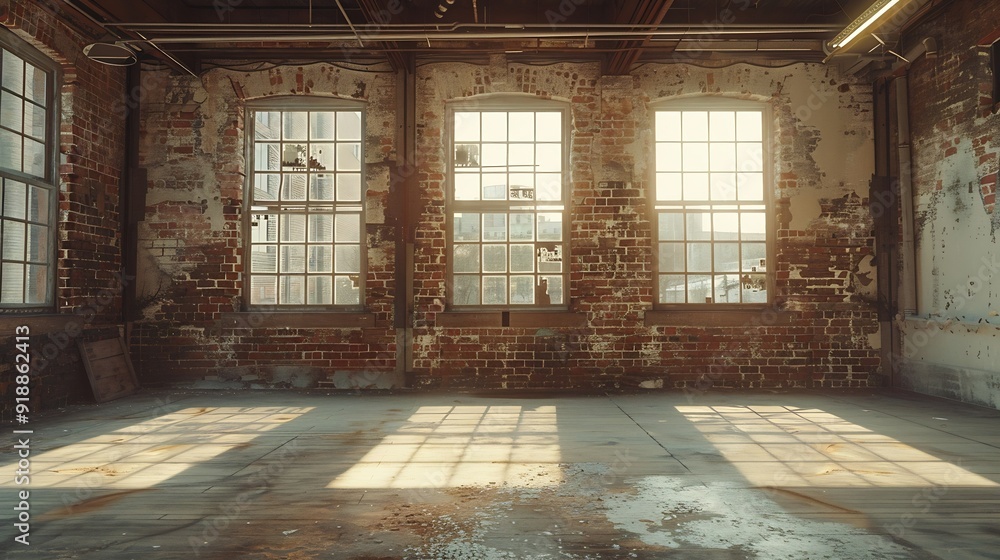 Interior view of an old rundown and abandoned factory building Big empty room with brick walls exposed beams and florescent light fixtures hanging form the ceiling : Generative AI Interior view of an old rundown and abandoned factory building Big empty room with brick walls exposed beams and florescent light fixtures hanging form the ceiling : Generative AI