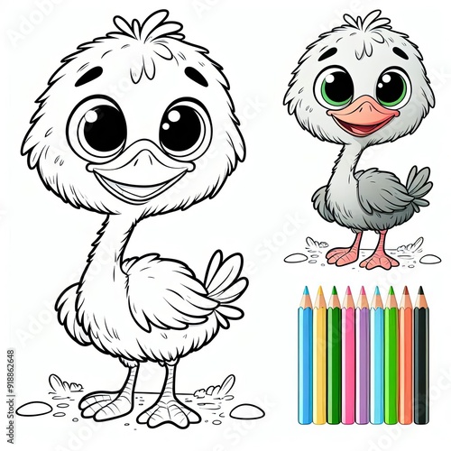 Adorable cartoon ducklings with big eyes and playful expressions, accompanied by colorful pencils, perfect for creative and educational fun! photo