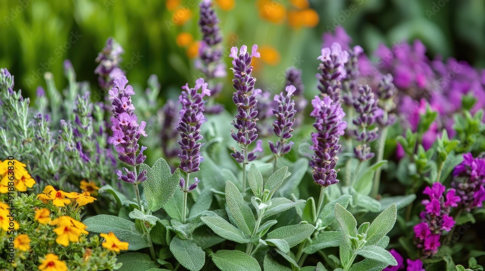 Fototapeta premium Diverse herb garden with blooming lavender, sage, and mint plants, highlighting their rich colors and textures.