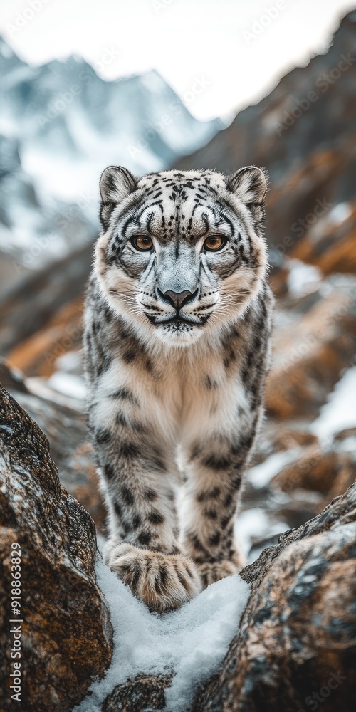 Obraz premium Snow leopard walking in snowy mountain landscape gracefully.